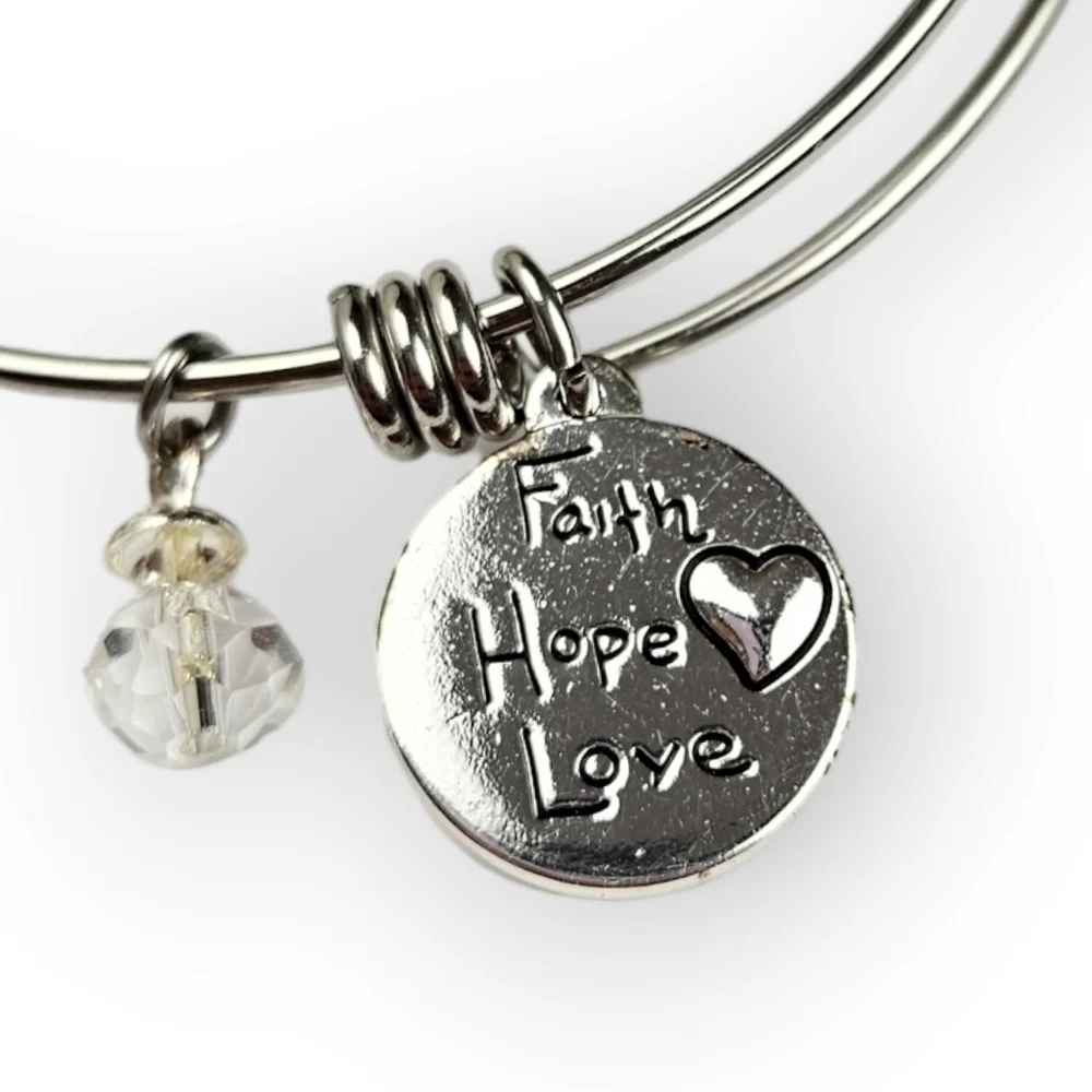 Christian Charm Bangle Bracelet Rhinestone Cross Faith Hope Love Silver Tone